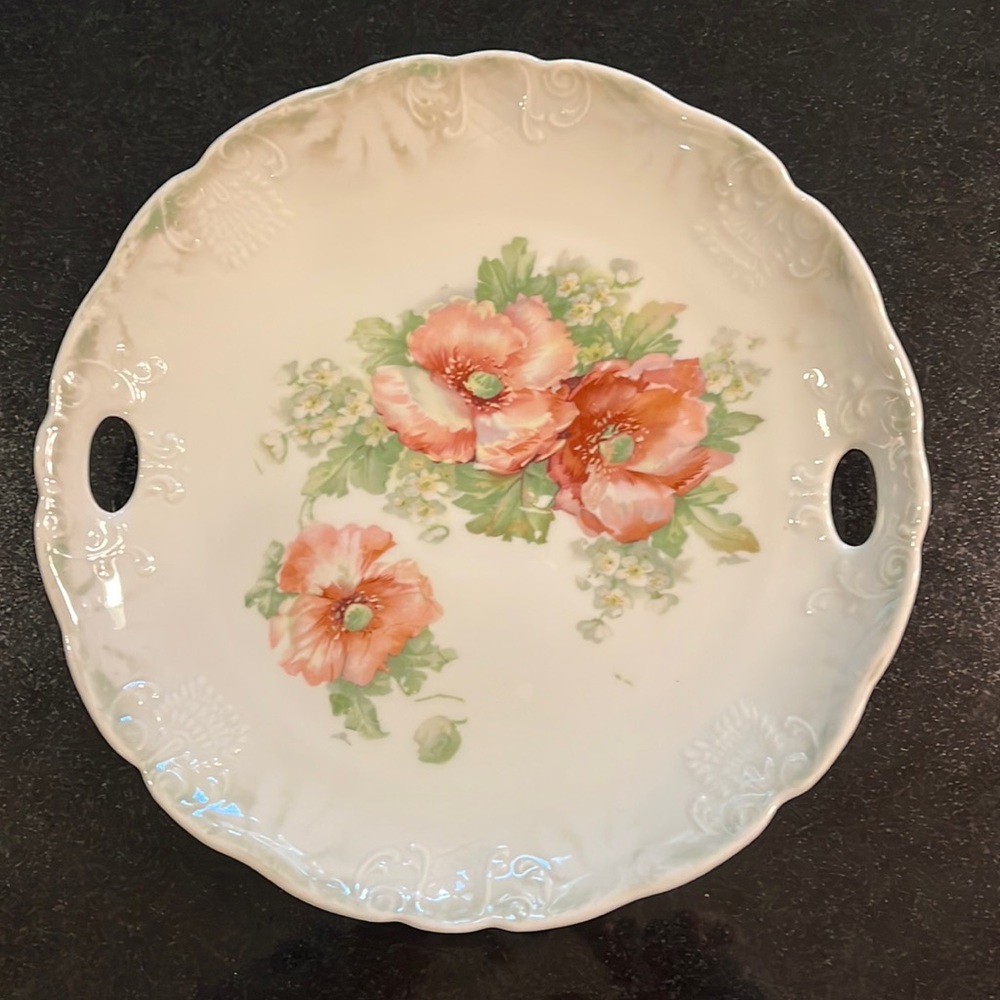 Vintage Shabby Chic Hand Painted Flowers on Handled Plate